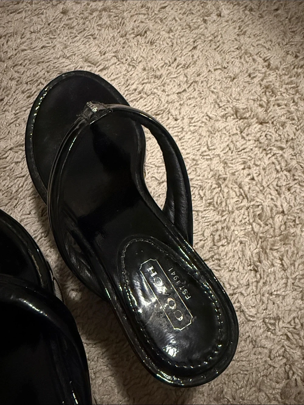 Coach Black Patent Logo Wedge Flip Flops